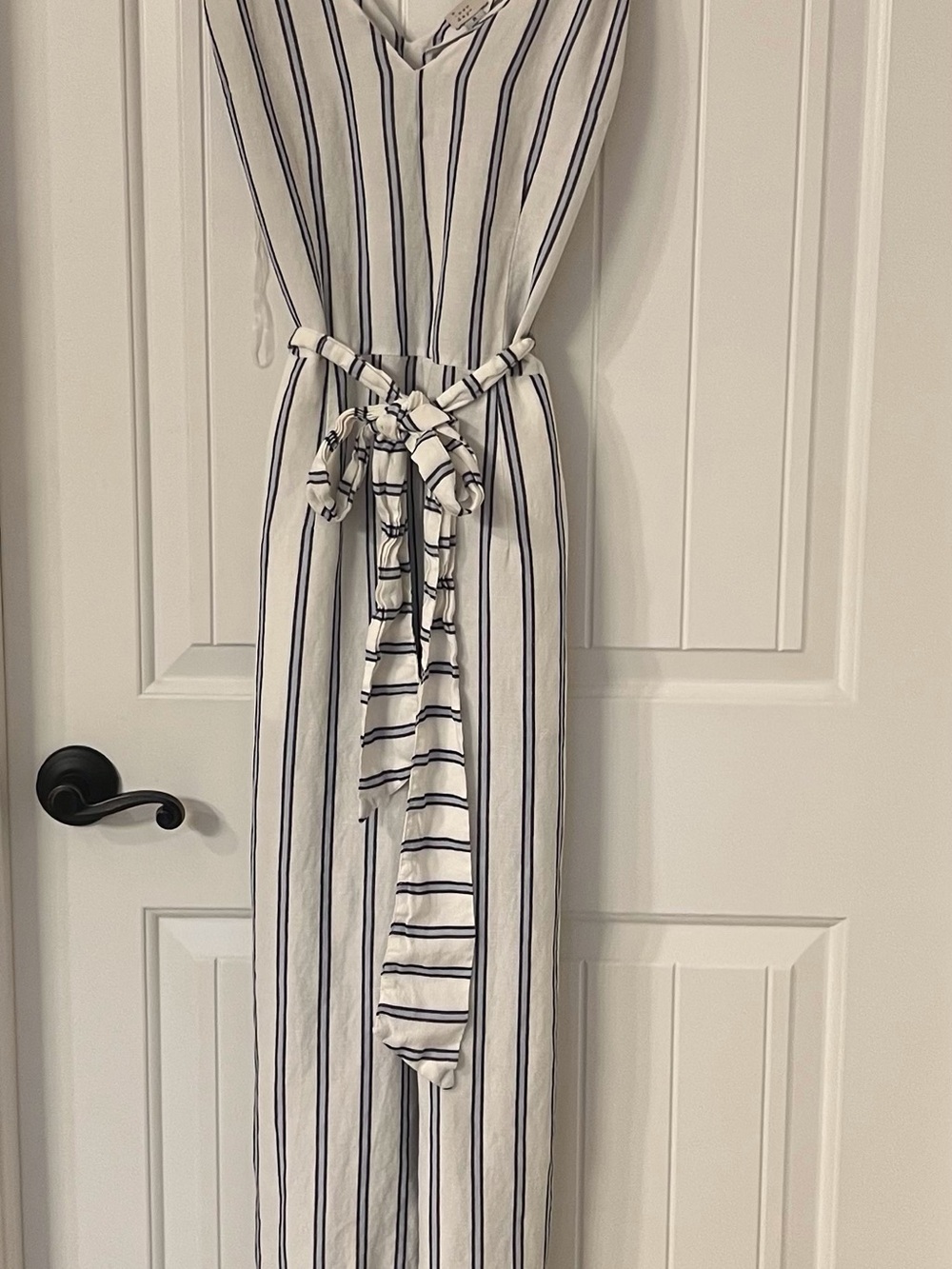 a new day White and Navy Vertical Stripe V-Neck Jumpsuit